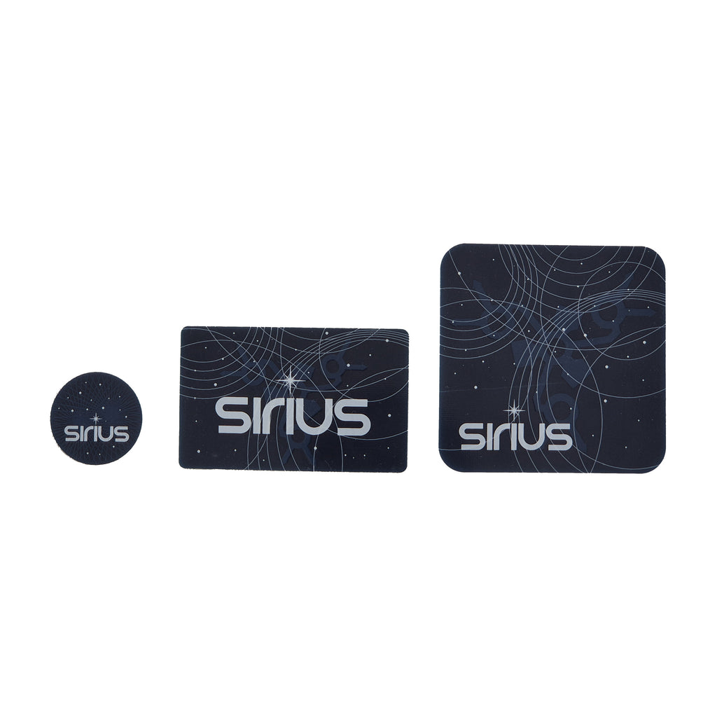 All three SIRIUS sizes side by side: phone protector, personal card, room plate