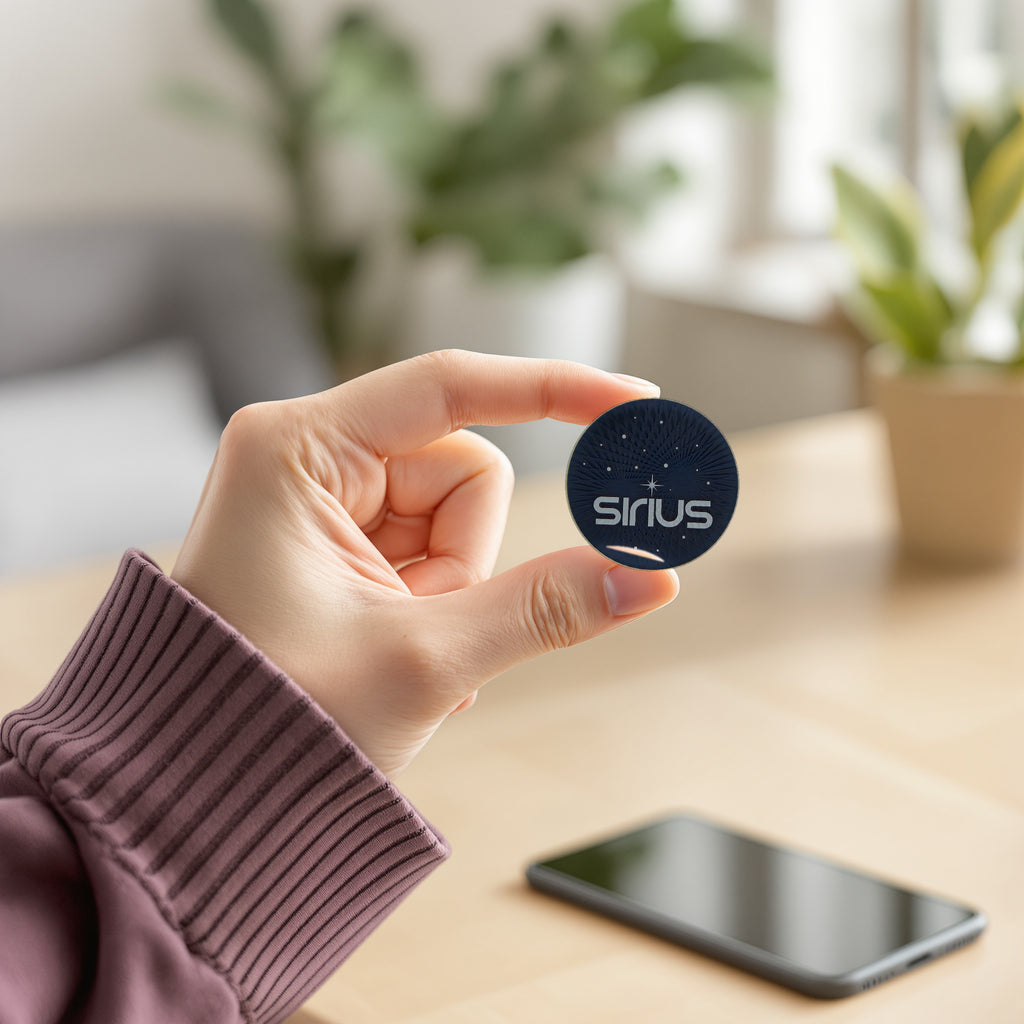 A hand holding the round SIRIUS phone protector above a desk, a phone lying face down behind it