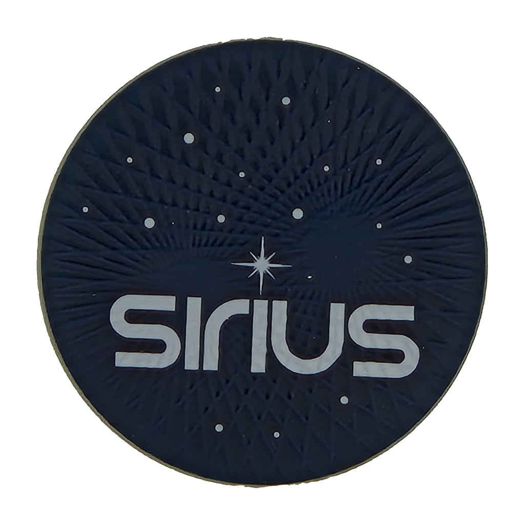 Round navy SIRIUS phone protector with white star-field line-work, on white