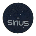 Round navy SIRIUS phone protector with white star-field line-work, on white